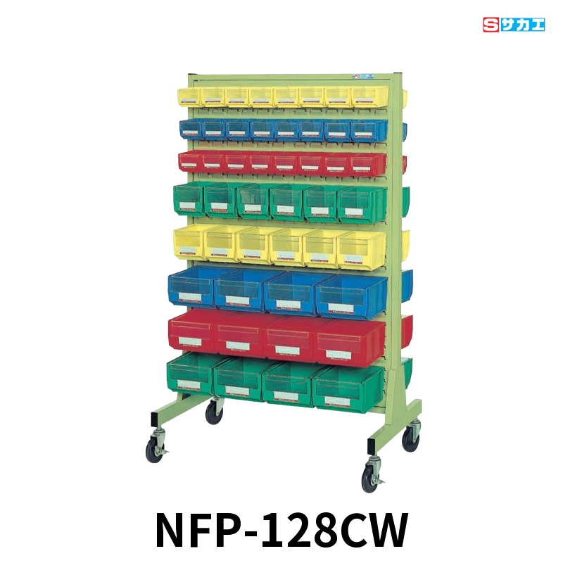 サカエ パネルハンガー 移動式両面 パーツボックスSA-1×48個・SA-2×24個・SA-3×24個付 W960×D610×H1570mm グリーン φ100mmゴムキャスター(ストッパー付2個)