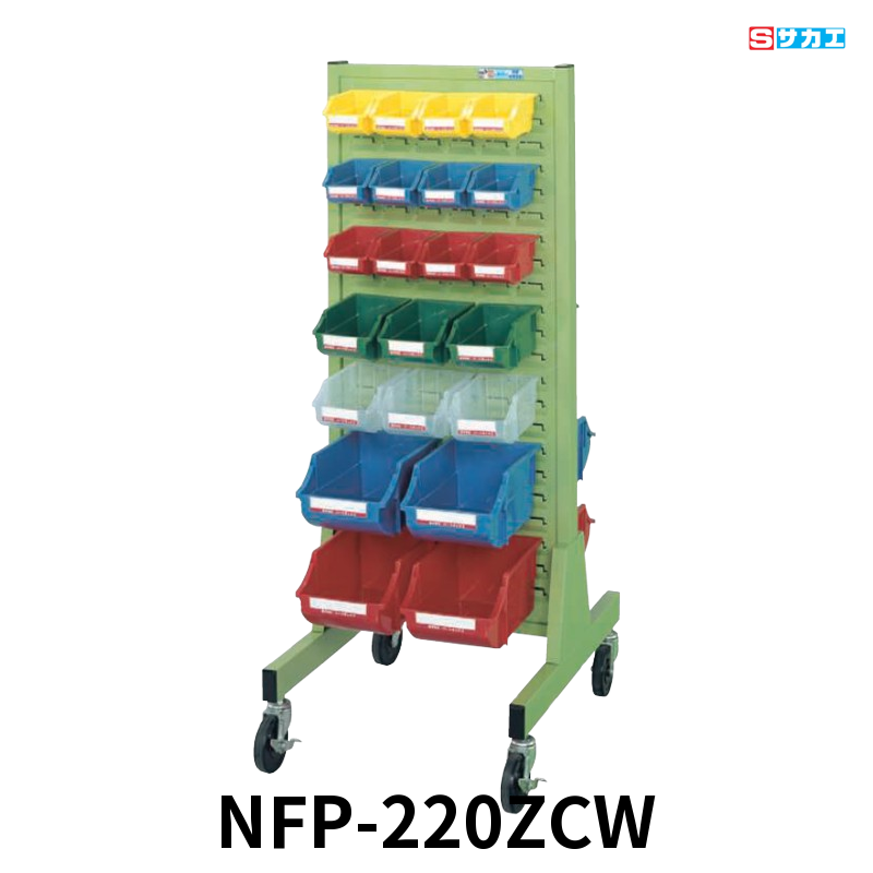 サカエ パネルハンガー 移動式両面 パーツボックスZ-0N×24個・Z-1N×12個・Z-2N×8個付 W510×D610×H1300mm グリーン φ100mmゴムキャスター(ストッパー付2個)